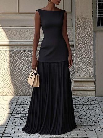 Sleeveless Gauze Pleated Solid Color Split-Joint Boat Neck Evening Dresses Maxi Dresses