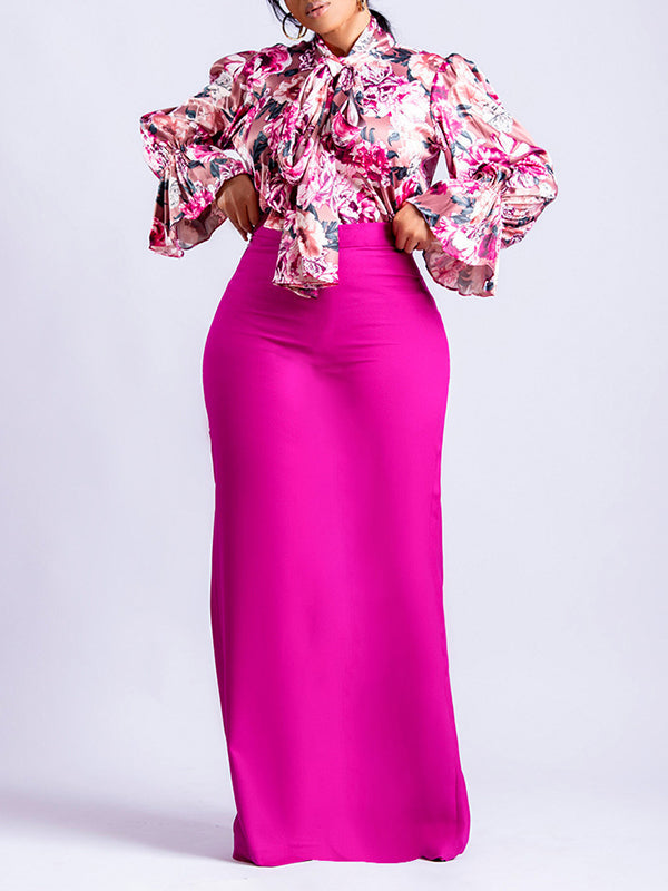 Long Sleeves Floral Printed Blouse + Split-Back Solid Color Skirt Two Pieces Set