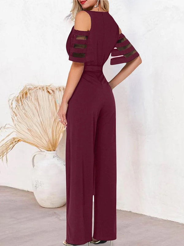 High Waisted Loose Hollow Mesh Solid Color Tied Waist V-Neck Jumpsuits