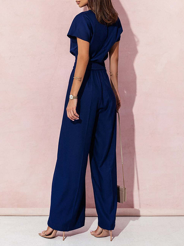 High Waisted Loose Belted Pleated V-Neck Jumpsuits