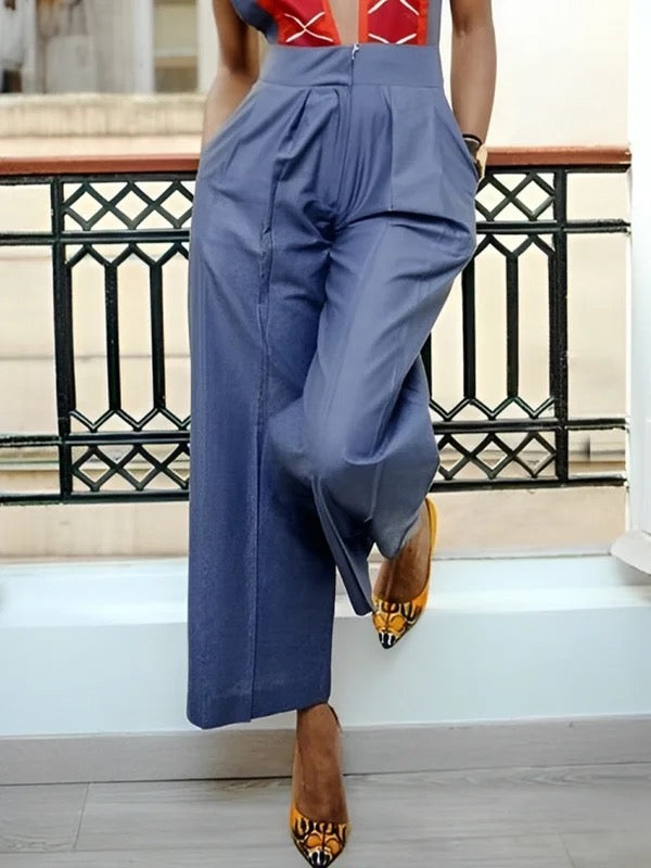 High Waisted Sleeveless Contrast Color Pleated Pockets Zipper Deep V-Neck Jumpsuits