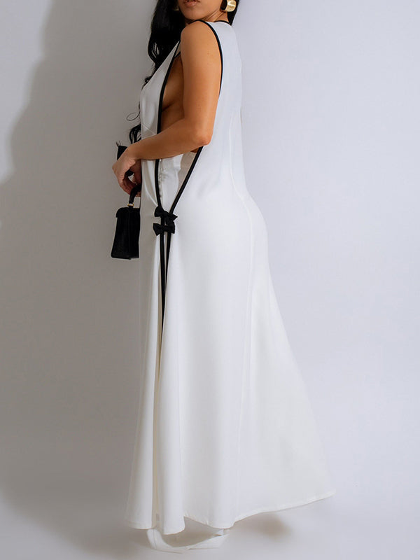 Sleeveless Contrast Color Split-Joint V-Neck Top + Wide Leg Pants Trousers Two Pieces Set