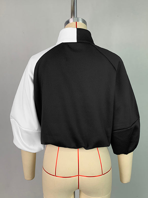 Loose Puff Sleeves Contrast Color Split-Joint Stand Collar Outerwear