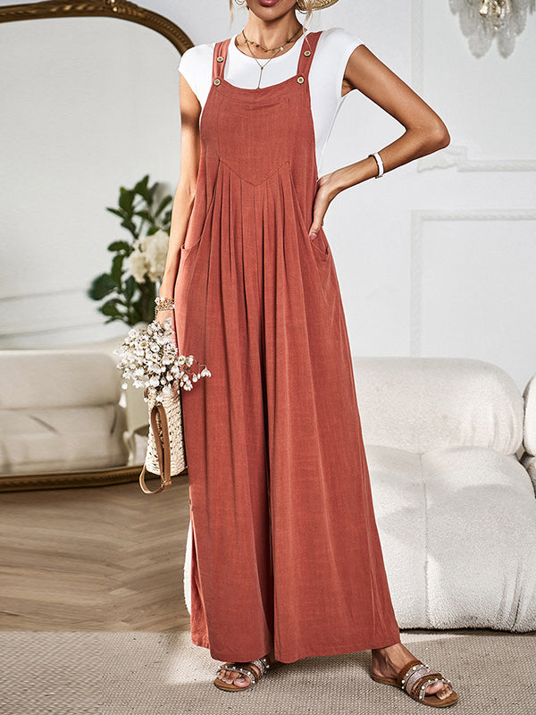 Loose Sleeveless Pleated Pockets Split-Joint Spaghetti-Neck Overalls