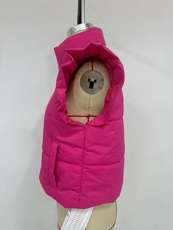 Flared Sleeves Pleated Solid Color Split-Joint High Neck Padded Vest