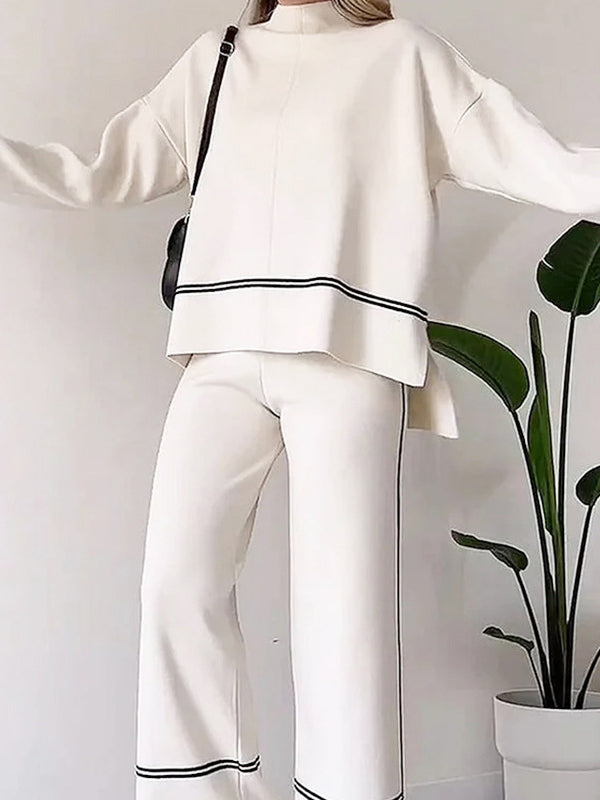 High-Low Contrast Color Split-Side Round-Neck Sweater Top + High Waisted Pants Bottom Two Pieces Set
