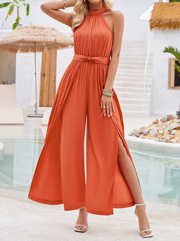 High Waisted Loose Pleated Solid Color Split-Front Tied Waist Halter-Neck Jumpsuits