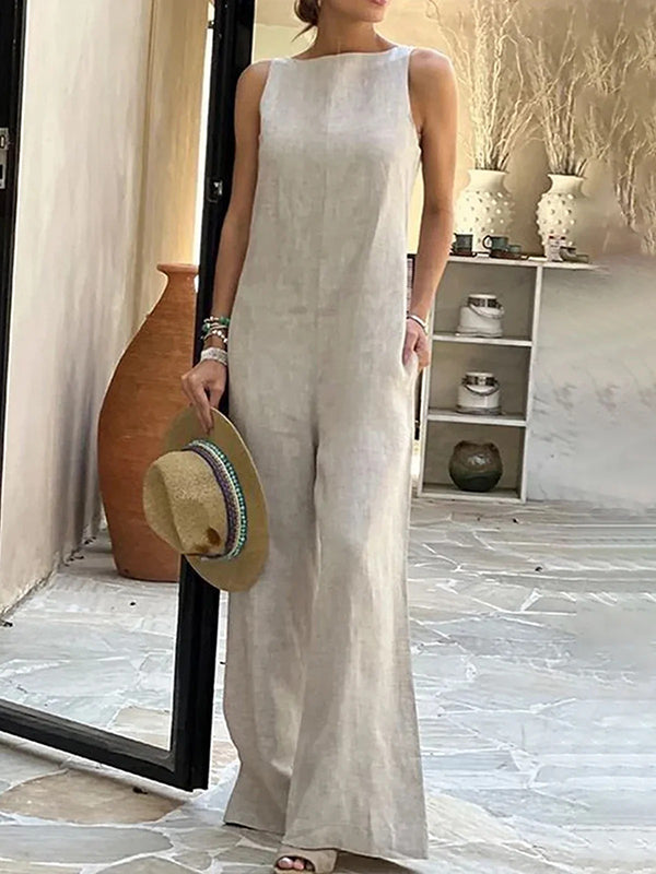 Loose Sleeveless Solid Color Split-Joint Round-Neck Jumpsuits