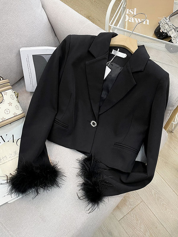 Long Sleeves Buttoned Solid Color Tasseled Notched Collar Blazer Outerwear