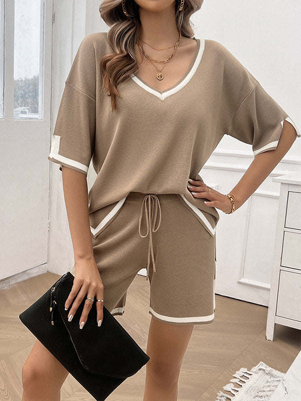Half Sleeves Loose Contrast Color V-Neck T-Shirt Top + Shorts Bottom Sweater Two Pieces Set