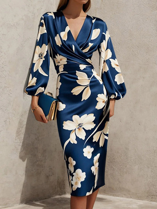 Loose Puff Sleeves Floral Printed Pleated Split-Joint V-Neck Midi Dresses