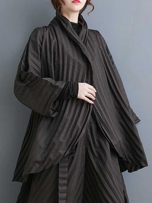 Long Sleeves Loose Buttoned Pleated Solid Color Stand Collar Shirts Top + Pants Bottom Two Pieces Set