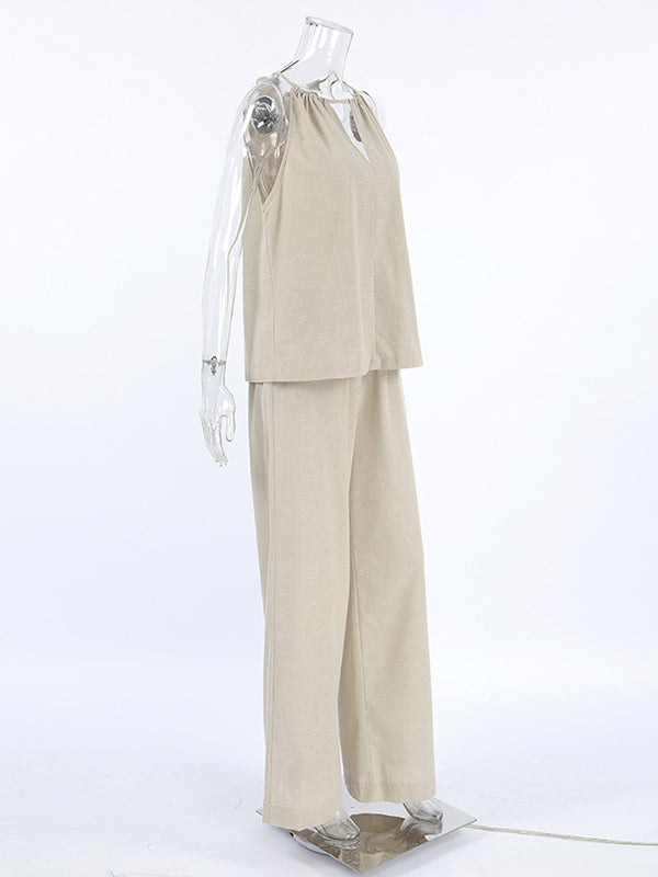Loose Hollow Split-Joint Halter-Neck Vest + Elasticity High Waisted Pants Trousers Two Pieces Set