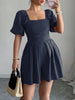 A-Line Half Sleeves Elasticity Pleated Solid Color Square-Neck Rompers