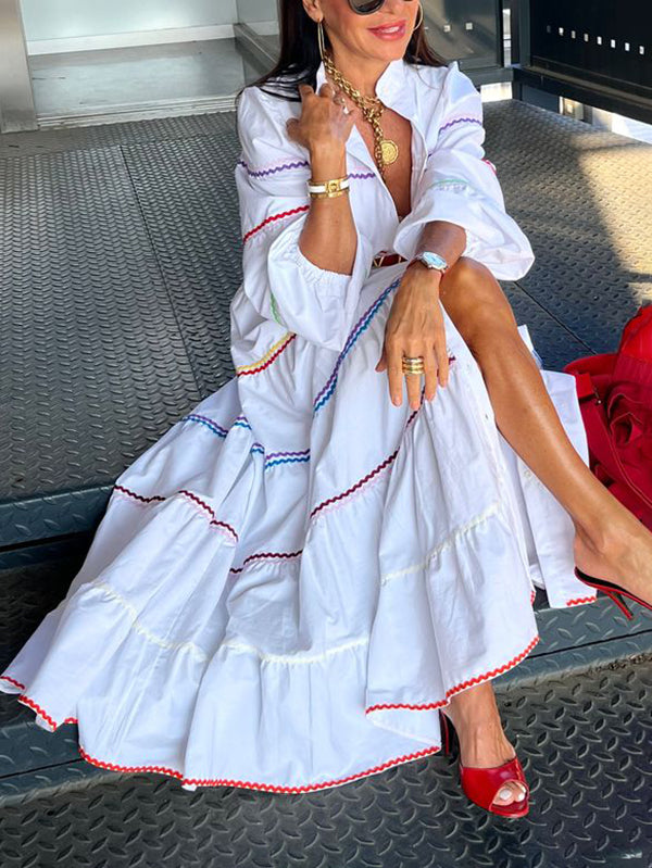 A-Line Long Sleeves Buttoned Contrast Color Elasticity Mock Neck Maxi Dresses