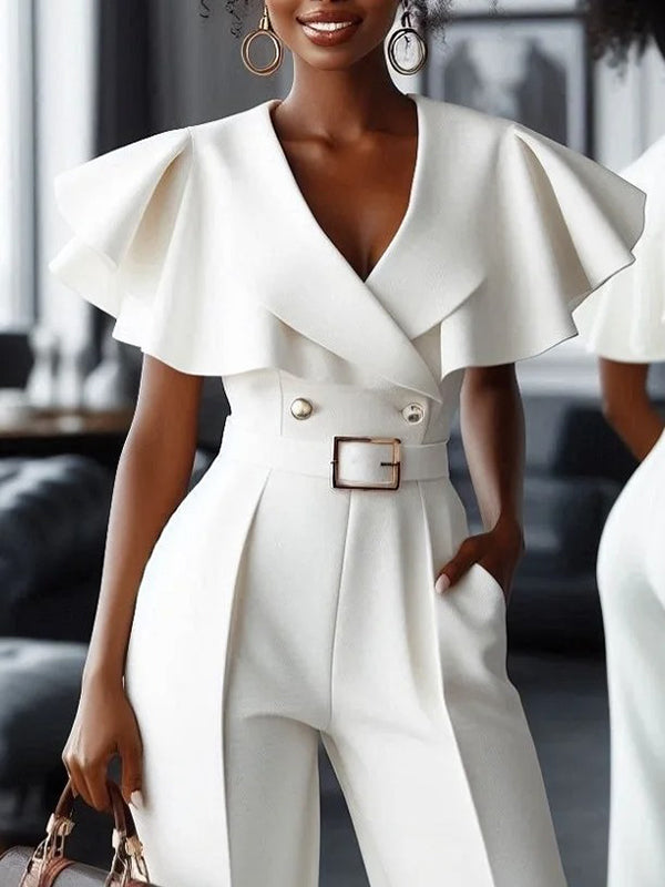 Flared Sleeves Pleated Split-Joint V-Neck Jumpsuits