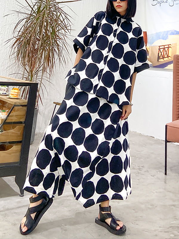 Batwing Sleeves Buttoned Polka-Dot Round-Neck Shirts Top + Elasticity Pockets Harem Pants Pants Bottom Two Pieces Set