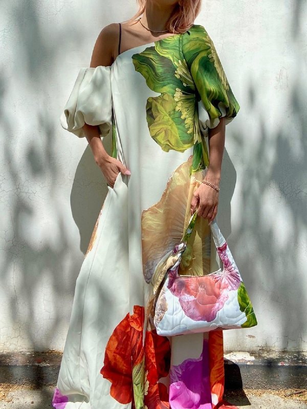 A-Line Loose Elasticity Flower Print One-Shoulder Maxi Dresses