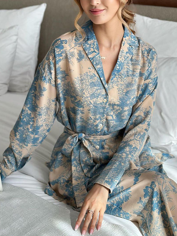 Long Sleeves Buttoned Printed Tied Waist Notched Collar Shirts Top + High Waisted Pants Bottom Two Pieces Set