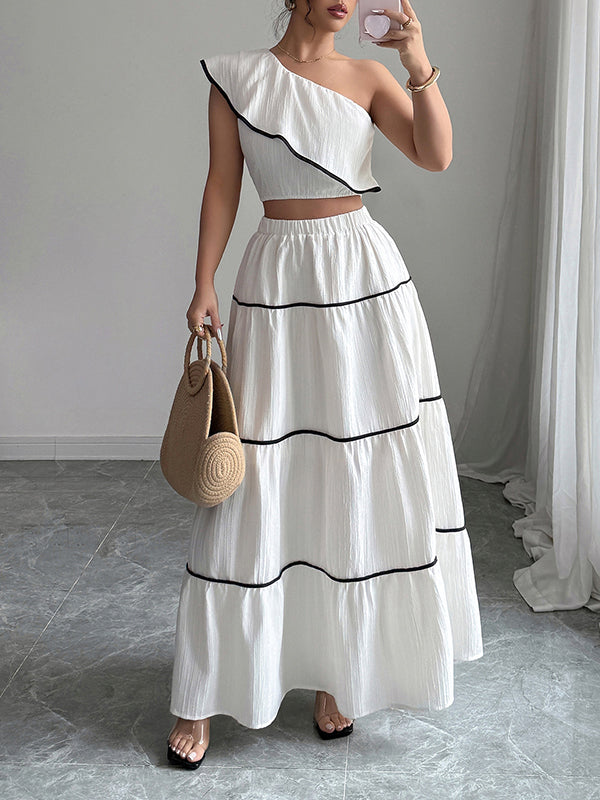 Sleeveless Elasticity Pleated One-Shoulder Vest Top + A-Line Skirts Bottom Two Pieces Set