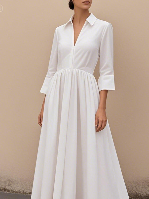 A-Line High Waisted Pleated Solid Color V-Neck Maxi Dresses