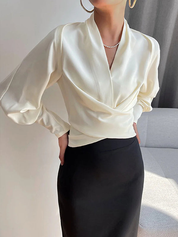 Long Sleeves Solid Color Zipper V-neck Blouses&shirts Tops