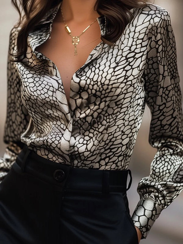 Long Sleeves Loose Buttoned Contrast Color Snakeskin Printed Lapel Blouses&Shirts Tops