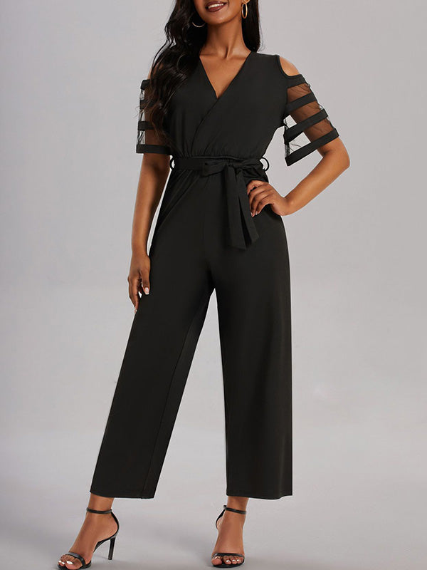High Waisted Loose Hollow Mesh Solid Color Tied Waist V-Neck Jumpsuits
