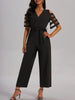 High Waisted Loose Hollow Mesh Solid Color Tied Waist V-Neck Jumpsuits