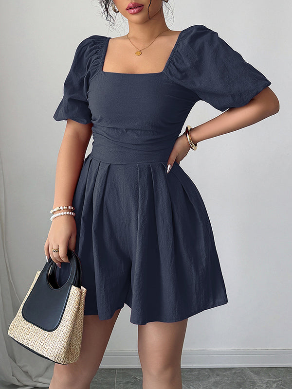 A-Line Half Sleeves Elasticity Pleated Solid Color Square-Neck Rompers