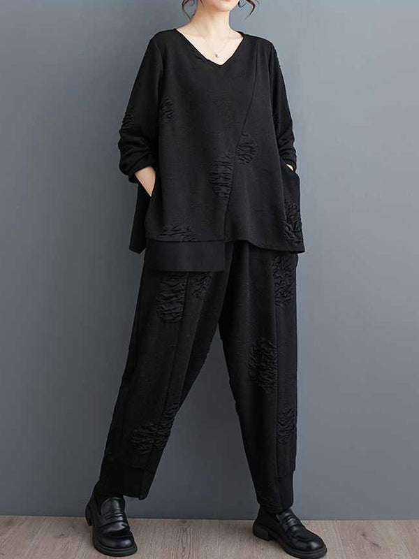Long Sleeves Asymmetric Solid Color Split-Joint V-Neck T-Shirts Top + Harem Pants Elasticity Pants Bottom Two Pieces Set