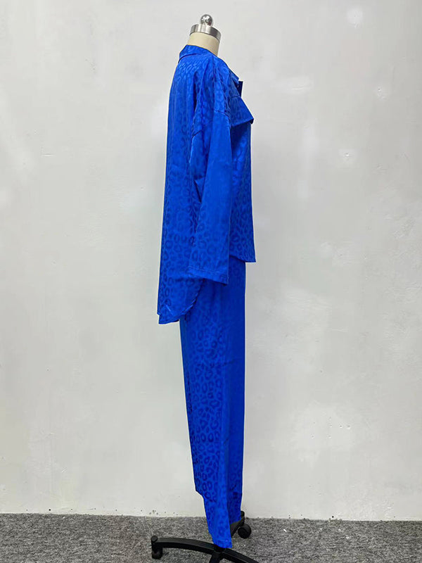 Loose Leopard Lapel Blouse Top + Wide Pants Trousers Two Pieces Set