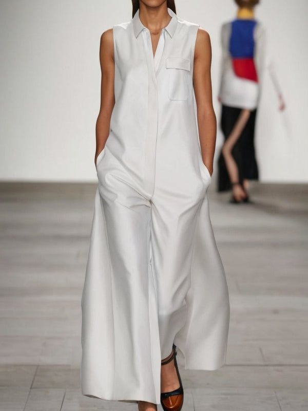 Loose Sleeveless Pockets Solid Color Lapel Jumpsuits
