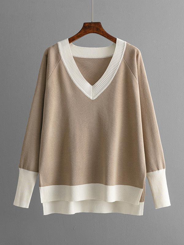 High-Low Contrast Color Split-Side V-Neck Sweater Tops + Elasticity Pants Trousers Two Pieces Set