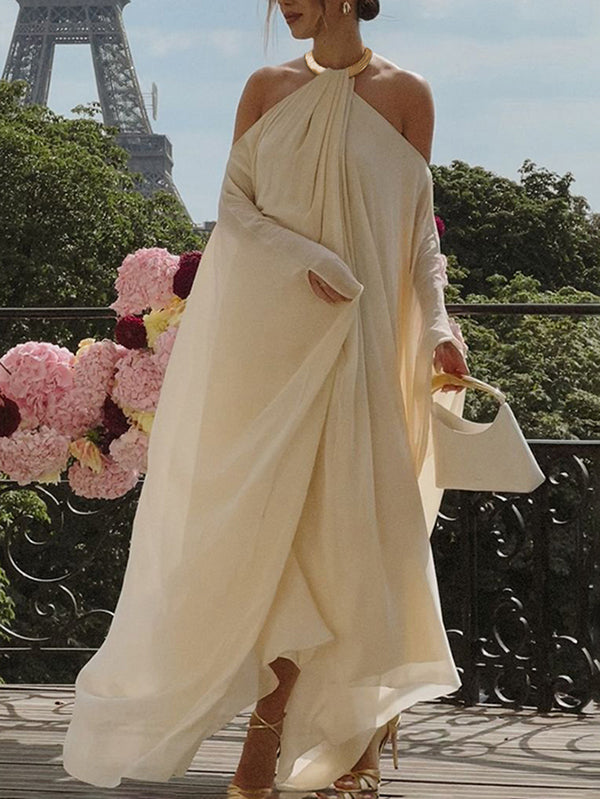 Long Sleeves Loose Solid Color Halter-Neck Maxi Dresses