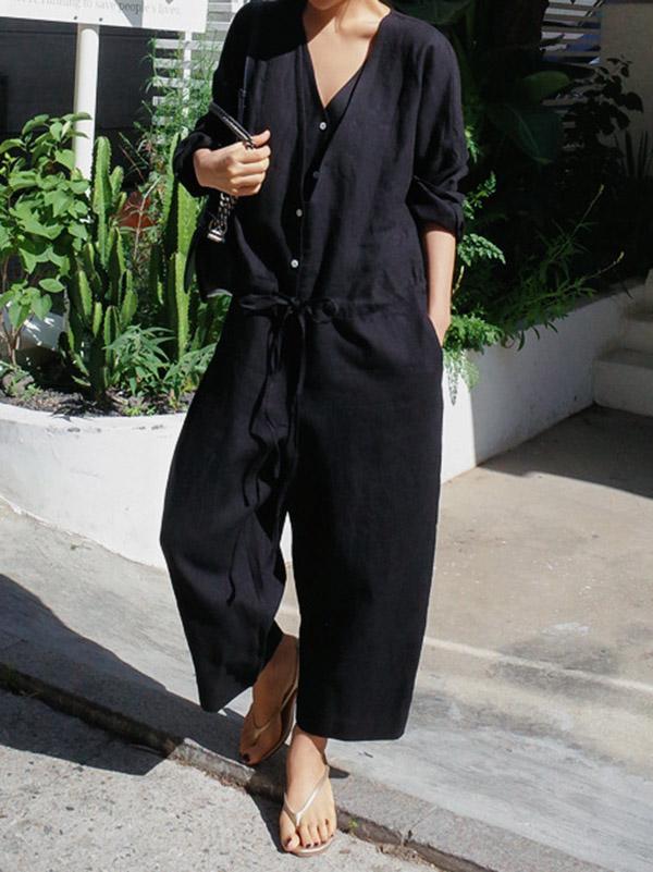 Casual Linen V-neck Jumpsuit