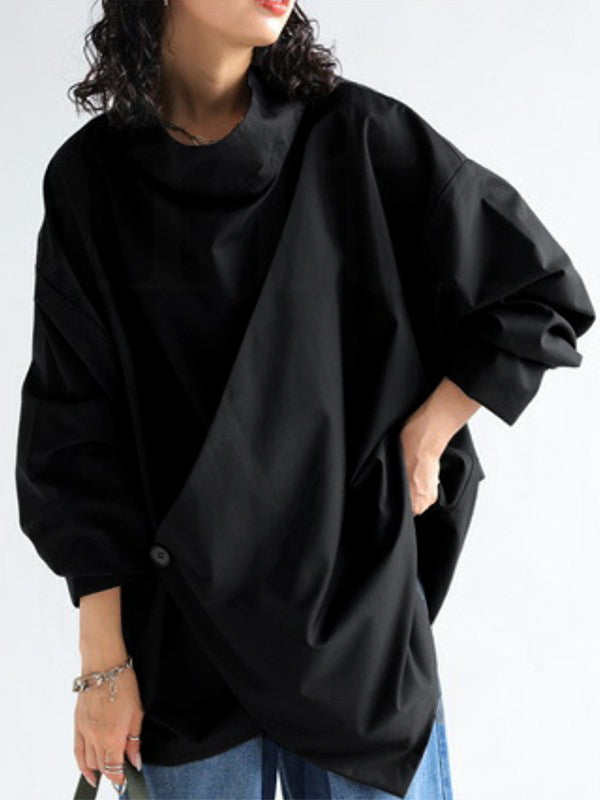 Long Sleeves Loose Solid Color High Neck T-Shirts Tops