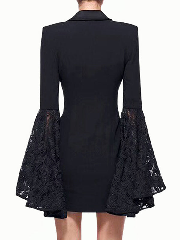 Flared Sleeves Long Sleeves Asymmetric Buttoned Solid Color Split-Joint Notched Collar Blazer Outerwear