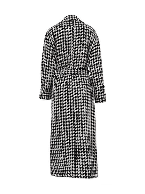 Long Sleeves Loose Houndstooth Split-Back Split-Joint Tied Waist Lapel Trench Coats
