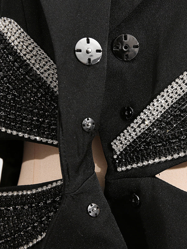 Long Sleeves Hollow Rhine Stones Notched Collar Blazer Outerwear