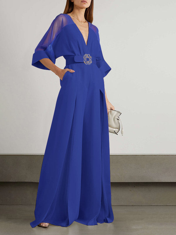 Solid Color Split-Front Contrast Color Tied Waist High Waisted V-Neck Jumpsuits