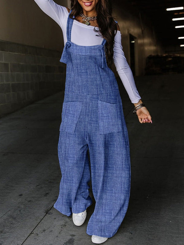 Loose Sleeveless Knot Pockets Split-Joint Overalls