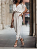 Batwing Sleeves Loose Elasticity Hollow Pleated Pockets Solid Color Tied V-Neck Jumpsuits