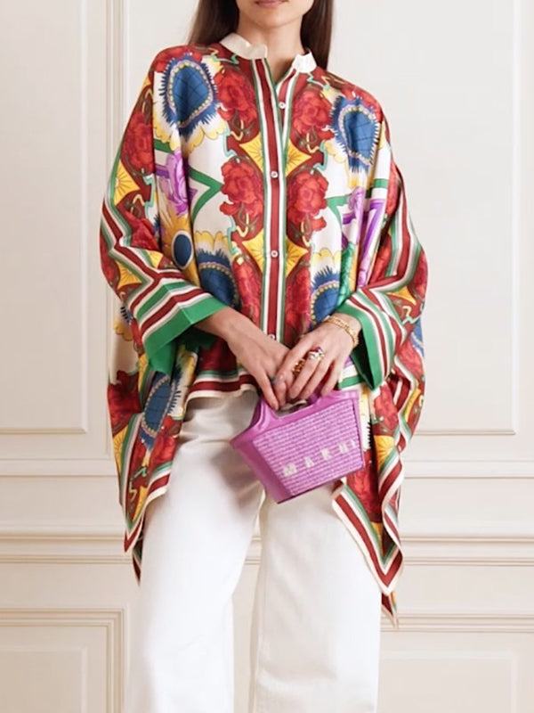 Batwing Sleeves High-low Buttoned Flower Print Stand Collar Blouses&shirts Tops