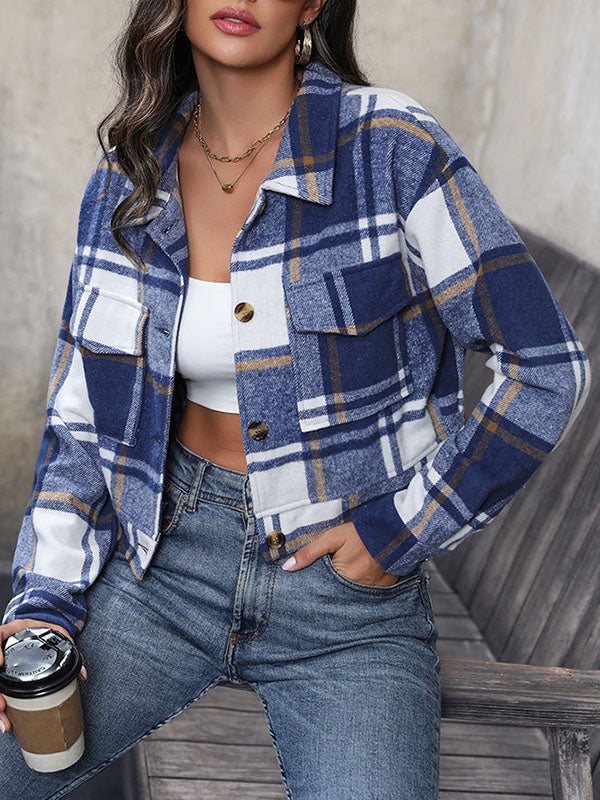 Long Sleeves Loose Buttoned Plaid Pockets Split-Joint Lapel Jackets Outerwear