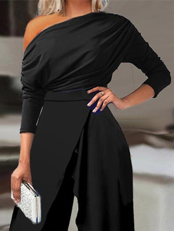 Solid Color One-Shoulder Long Sleeves T-Shirt + High-Waisted Wide Leg Pants Trousers Two Pieces Set