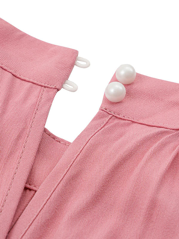 High Waisted Loose Pleated Solid Color Split-Front Tied Waist Halter-Neck Jumpsuits