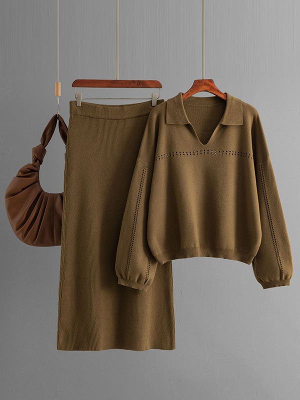 Loose Puff Sleeves Hollow Solid Color Sweater + Elasticity Skirt Two Pieces Set