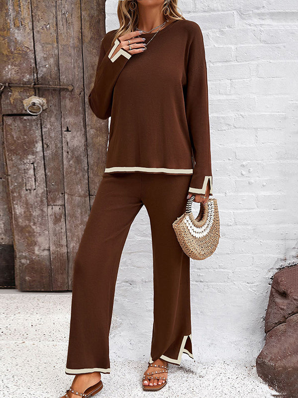 Long Sleeves Contrast Color Split-Joint Split-Side Round-Neck High-Low Sweater Tops +  Pants Bottom Two Pieces Set
