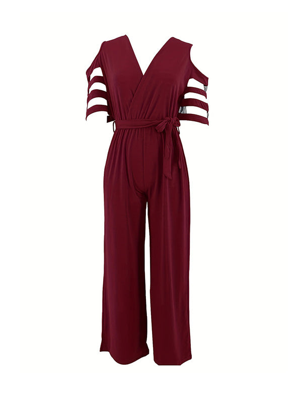 High Waisted Loose Hollow Mesh Solid Color Tied Waist V-Neck Jumpsuits